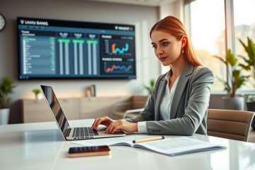Žena v moderní kanceláři kontroluje podmínky bankovního účtu UniCredit Bank PRESTO na laptopu za denního světla