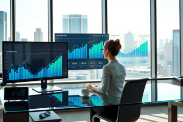 Moderní kancelář s podnikatelkou analyzující optimalizaci sazeb půjček a výkonnost eCPM na dvou monitorech