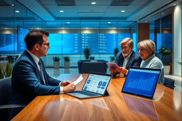 Klient diskutuje s bankéřem o půjčce s propojeným účtem v moderní pobočce Komerční banky se zaměřením na finance