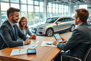 Klient a finanční poradce u jednacího stolu v autosalonu při výběru výhodného financování koupě auta